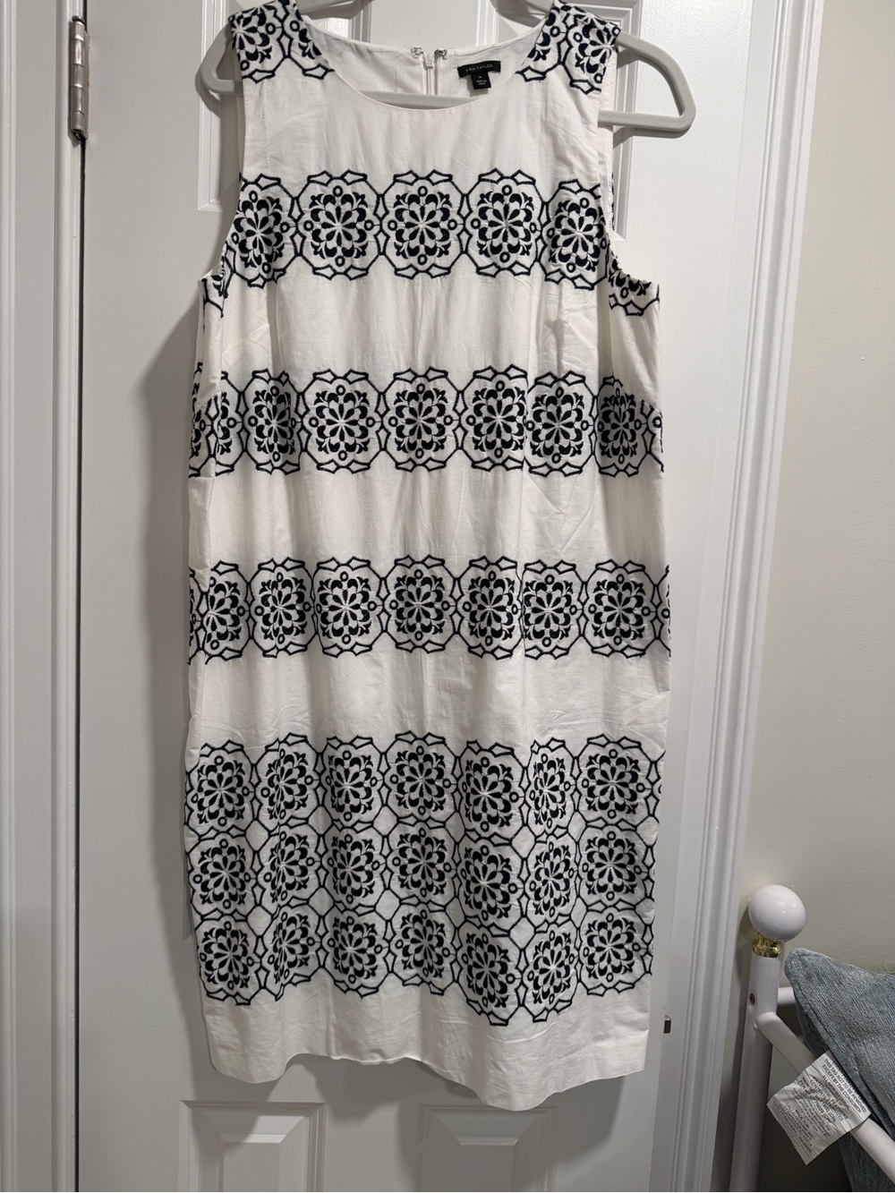 Ann Taylor White Dress with Black Embroidered Medallions